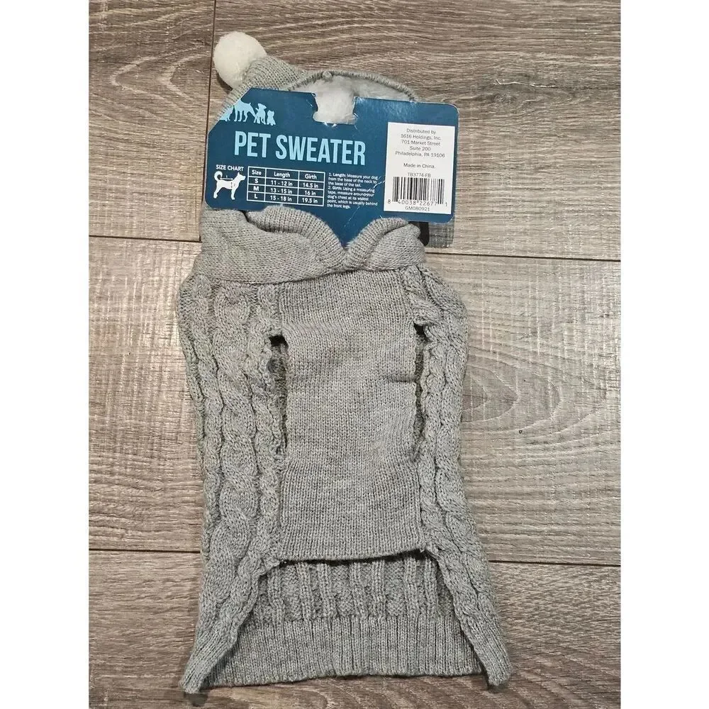 NEW Pet Sweater Size M Grey Knit Dog Sweater with Hood and Pom